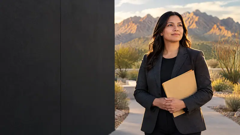 An adult holding an unmarked paper folio on an El Paso civic walkway, with desert mountains behind them, for acquittal, pardon, and actual-innocence expunction information.