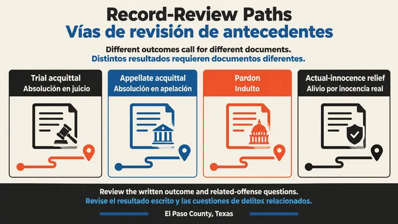 A flat bilingual El Paso infographic for acquittal, pardon, and actual-innocence expunction, showing four record-review paths in charcoal, orange, warm paper, and blue.