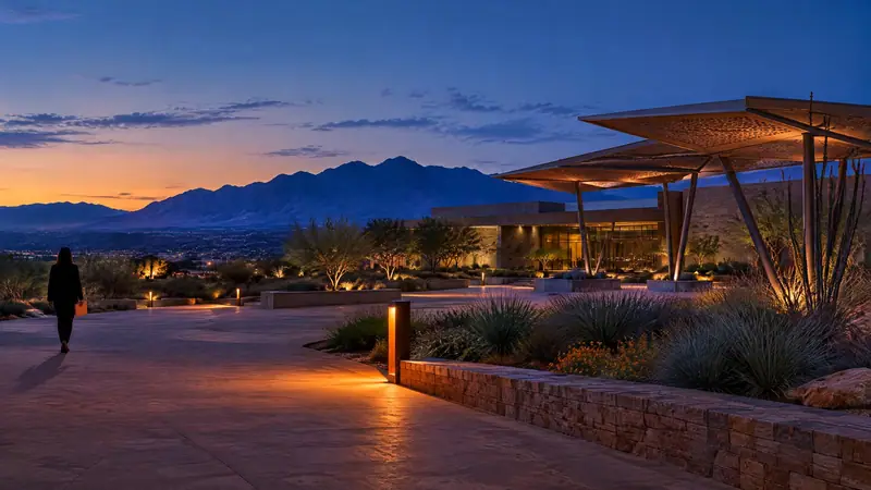 An adult walks through a quiet El Paso civic plaza with an unmarked folio beneath a blue-hour mountain skyline for actual-innocence and acquittal expunction information.