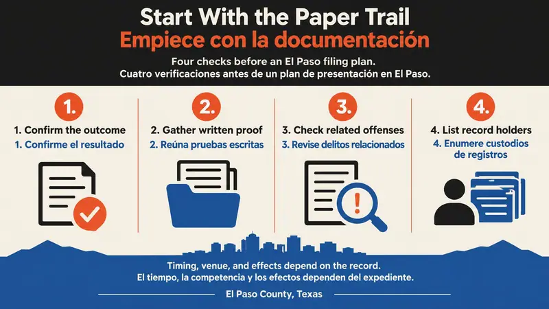 A flat bilingual El Paso infographic for actual-innocence, pardon, and acquittal expunction shows four pre-filing record checks with document and route symbols.