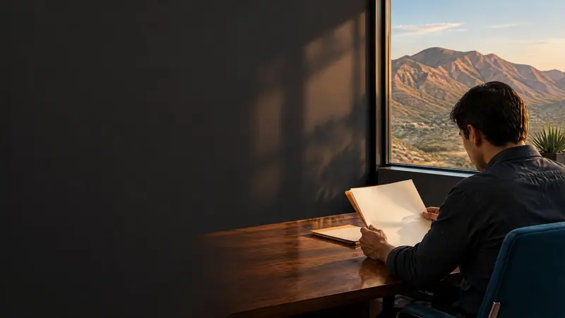 An unidentified adult reviews an unmarked paper file beside a window with distant Franklin Mountains in El Paso, illustrating a careful Class C deferred adjudication expunction record review.