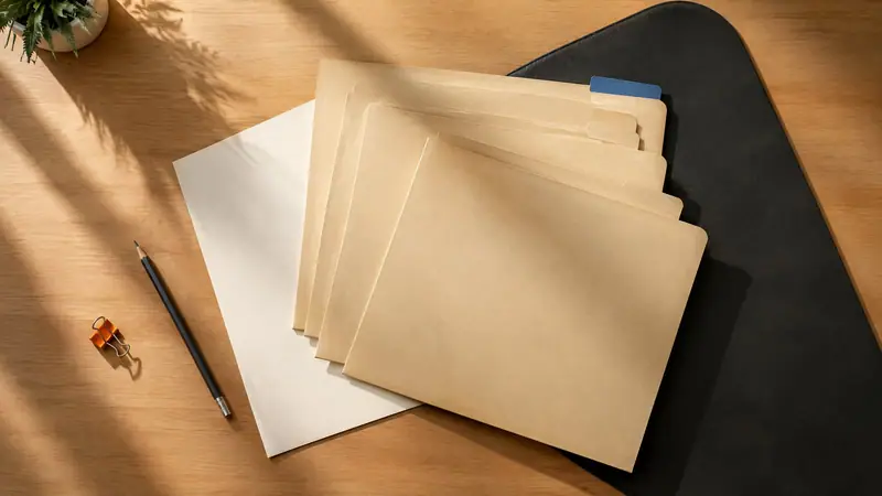 An overhead view of neatly arranged blank folders, paper, pencil, and an orange clip in El Paso desert light for a Class C deferred adjudication expunction document review.