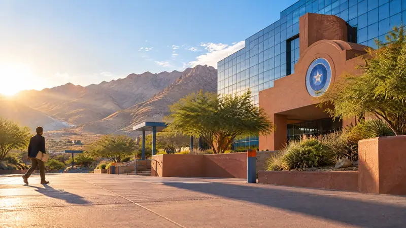 An adult with a plain closed folder walks along an unmarked civic-district walkway with the Franklin Mountains beyond in El Paso, reflecting local preparation for a Class C deferred adjudication expunction filing.
