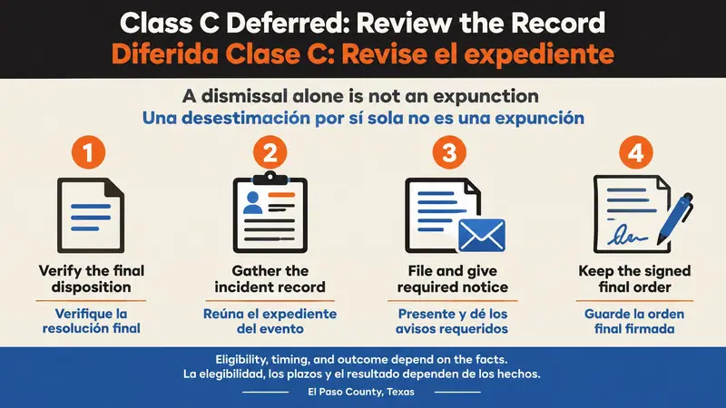 A four-panel bilingual flat-vector infographic for El Paso Class C deferred adjudication expunction review, using a file, incident marker, notice, and signed-order icons with a caution that dismissal alone is not expunction.