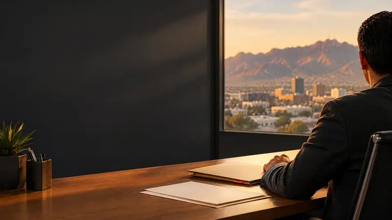 Una persona anónima revisa un expediente sin marcas en un escritorio iluminado en El Paso, con una vista suave de las montañas detrás, para el centro de expunción penal y limpieza de antecedentes.