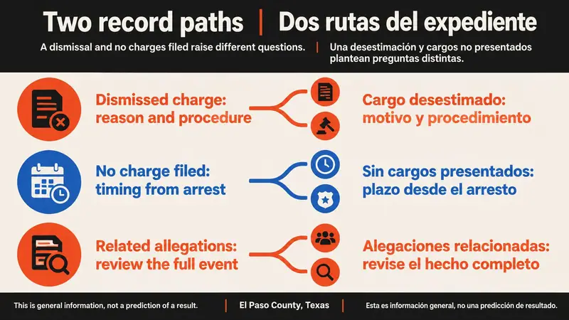 Infografía plana bilingüe de comparación de El Paso sobre cargos desestimados o no presentados con tres filas sobre un cargo desestimado, falta de presentación de cargos y alegaciones relacionadas.
