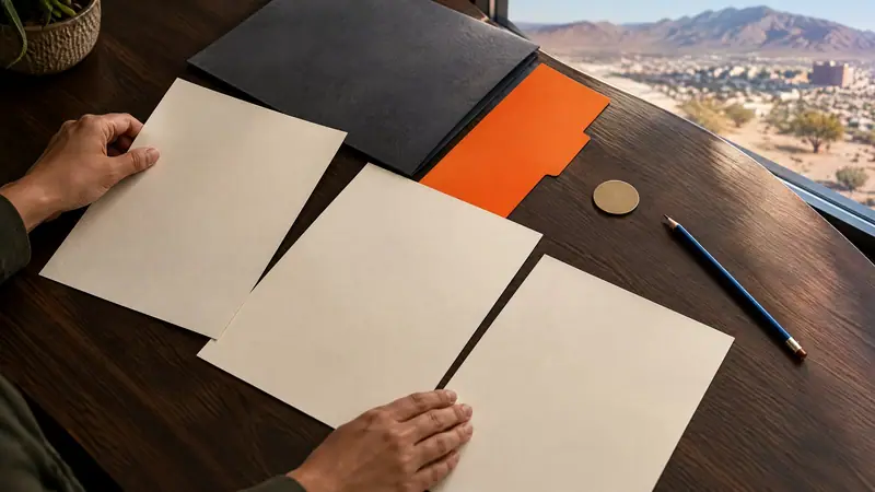 Vista desde arriba de dos manos que ordenan papeles en blanco y acentos de color sobre una mesa color carbón en El Paso, lo que ilustra la revisión de documentos y plazos por cargos desestimados o no presentados.