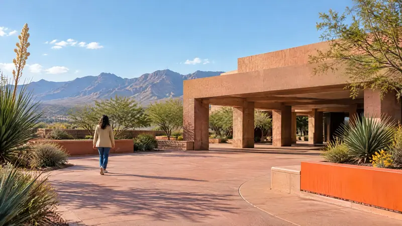 An adult walks through a quiet El Paso civic plaza with desert plants and the Franklin Mountains beyond, supporting Texas expunction eligibility information.