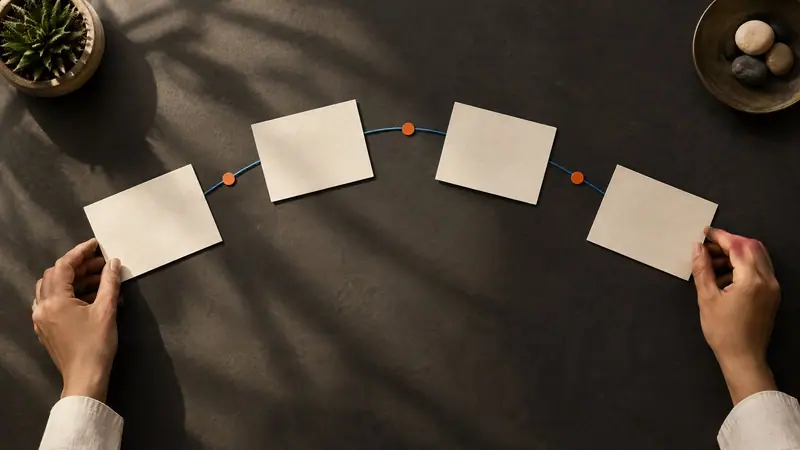 Top-down view of hands arranging blank cards and colored markers on a charcoal table in El Paso, representing related-charge and timing review for Texas expunction eligibility.