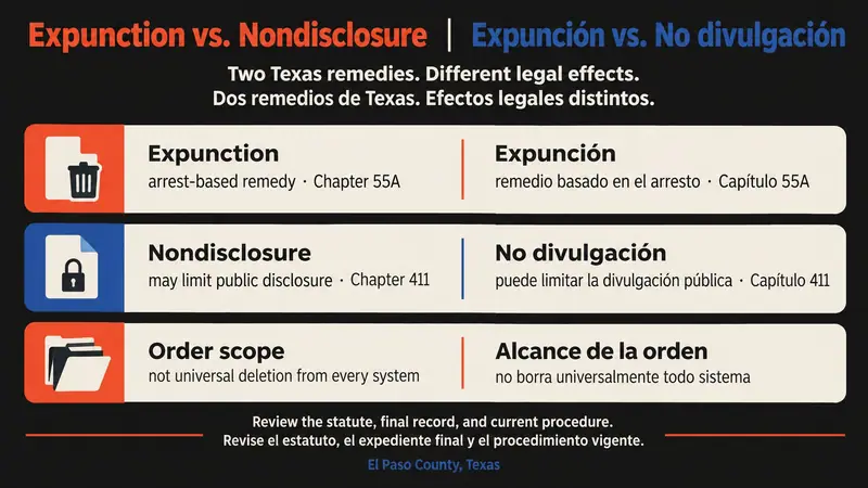 Infografía plana bilingüe de El Paso sobre expunción penal y limpieza de antecedentes con tres filas de comparación en carbón y naranja para expunción, no divulgación y el alcance limitado de una orden.