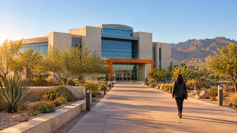 In a wide El Paso desert morning scene, an adult with a closed charcoal portfolio walks toward an unsigned contemporary civic building, illustrating preparation for a Texas order of nondisclosure.