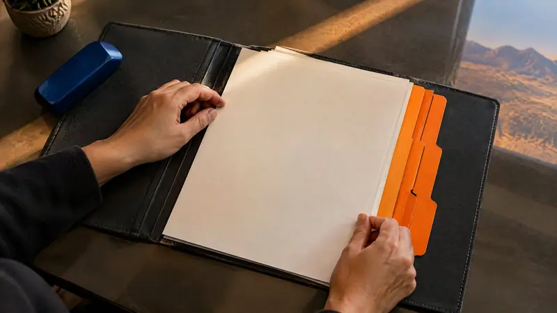 Overhead view in an El Paso workspace of two hands arranging blank papers and orange dividers in a charcoal folio for a Texas order of nondisclosure review.