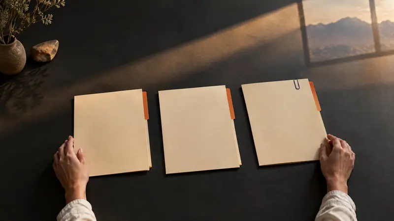 Two hands arrange blank paper folders in El Paso desert light for a pardon, acquittal, and actual-innocence expunction document review.