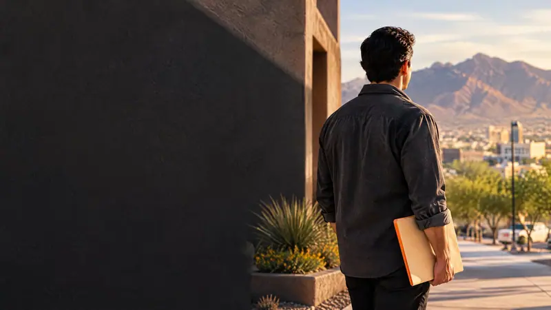 An adult holding a closed blank folio beside a shadowed El Paso street wall with the Franklin Mountains in the distance, illustrating Texas expunction eligibility review.