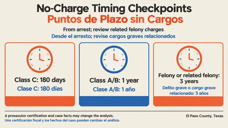 Flat vector comparison infographic for Texas expunction eligibility in El Paso listing no-charge timing checkpoints of 180 days for Class C, one year for Class A or B, and three years for a felony or related felony.