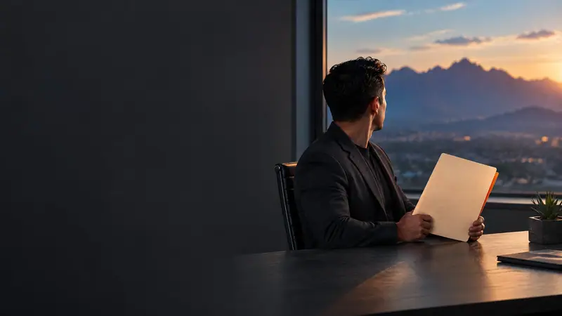 At the right side of a dark El Paso workspace, an adult reviews a plain folder beside a sunlit window with the Franklin Mountains, illustrating a Texas order of nondisclosure record review.