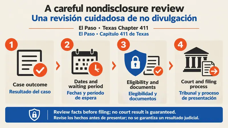Original 16:9 bilingual flat-vector infographic for an El Paso Texas order of nondisclosure page, with four numbered review stages on a warm-paper background: case outcome, dates and waiting period, eligibility and documents, and court and filing process.